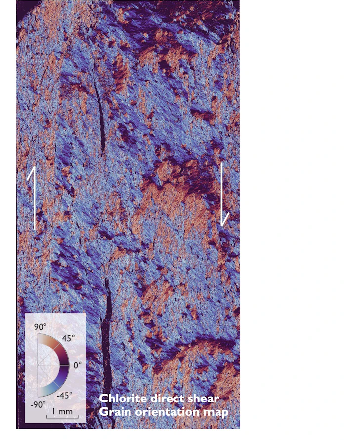 Grain orientation map of cross-section through an experimental chlorite shear