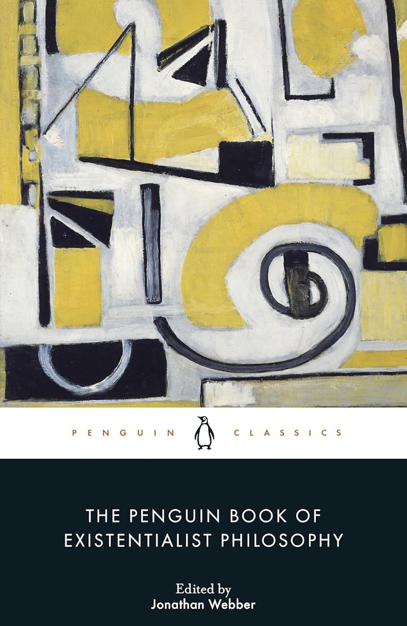 Cover of The Penguin Book of Existentialist Philosophy. featuring Marie Raymond's painting Arabesques ou Variations sur la volute, 1948, oil on canvas, 91 x 72.5 cm, © ADAGP, Paris, banque d’images de l’ADAGP  The painting is an abstract in yellows, whites, greys, and black, combining curves, straight lines, rectangles, and partial triangles.  Below it is the current Penguin Classics white band. Below that in a black rectangle are the book title and 'edited by Jonathan Webber' in white text.
